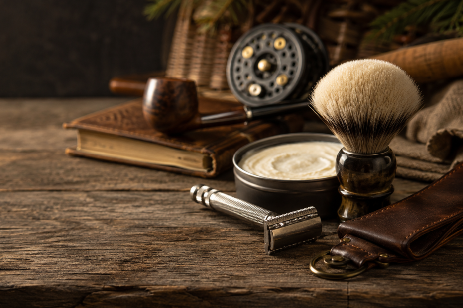Traditional wet shaving setup with a safety razor, shaving brush, soap, pipe, and fly-fishing reel on a rustic wooden table.
